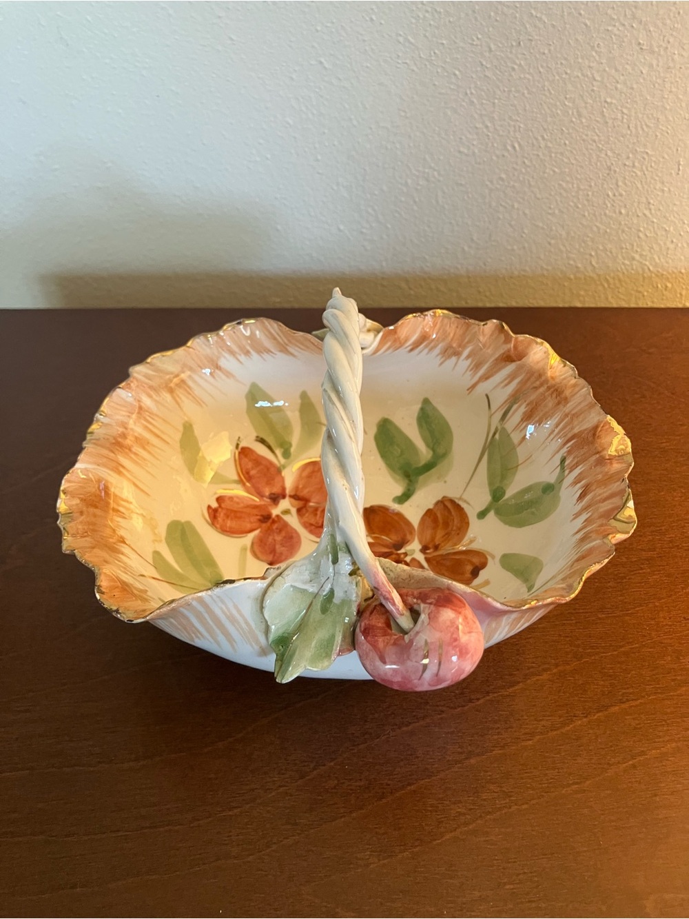 Hand-Painted Ceramic Floral Basket Bowl in Peach and Green